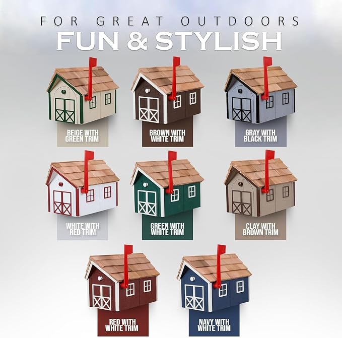 Peaceful Classics Amish Cedar Roof Wooden Mailbox with Window & Door Trim, Handcrafted Mailboxes for Outside, Post Mount Residential Mailboxes - (Gray & White, Wood)
