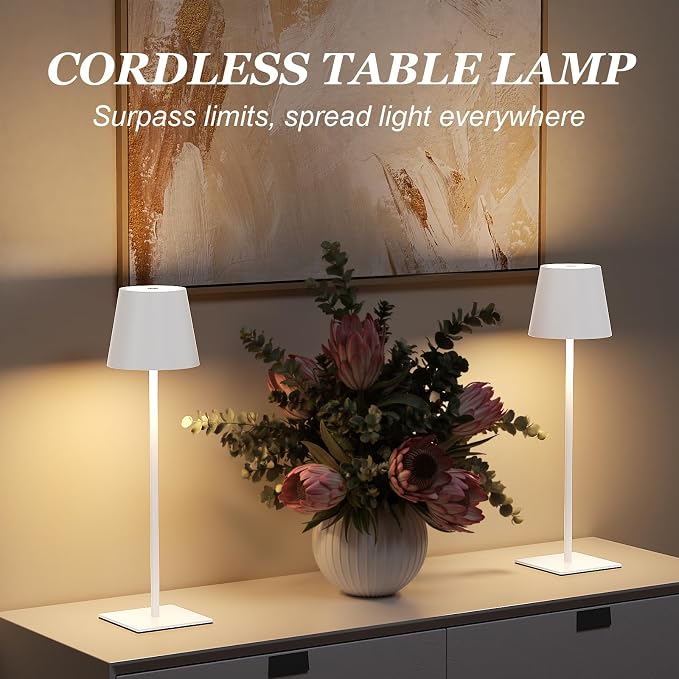 Kakanuo White Gold Cordless Rechargeable Table Lamp 5000mAh Battery Operated Lamps, 3 Colors Stepless Dimming Touch Lamp for Living Room, Kitchen Counter, Dining, Outdoor Patio, 2 Pack