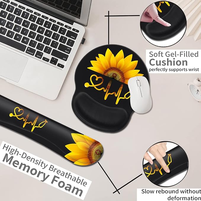 Ergonomic Wrist Protection Mouse Pad Wrist Guard and Keyboard Wrist Rest, Non-Slip Rubber Base Mouse Pad Sunflower and ECG Stethoscope Pattern, Personalized Fashionable Black Office Accessories
