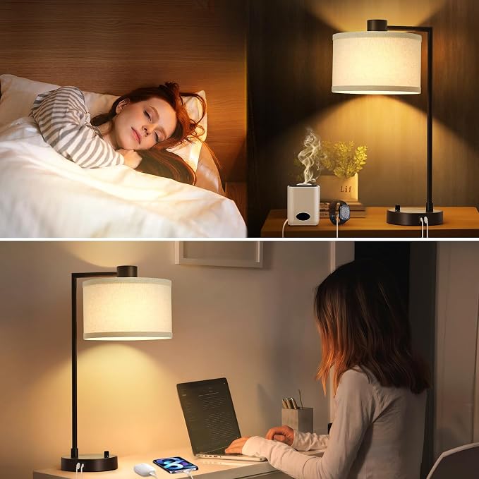 Luvkczc Table Lamp for Bedroom Set of 2 with USB C+A Ports - Fully Stepless Dimmable Bedside Lamp with Linen Lampshade - Contemporary Lamp for Living Room Reading Office, 2 Bulbs Included (Red Brown)