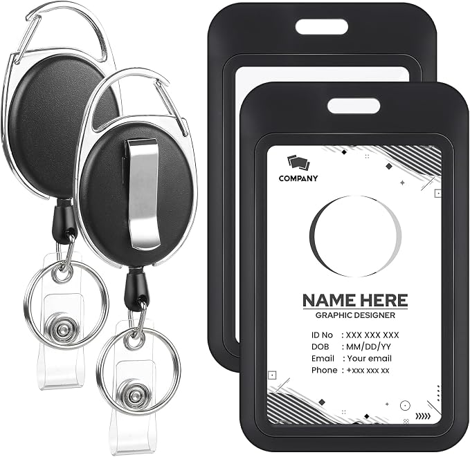 2 Pack Badge Holder Retractable Clip Heavy Duty Reels with Vertical Sliding ID Badge Holder Black Hard Plastic for Women Nurse Teacher Student