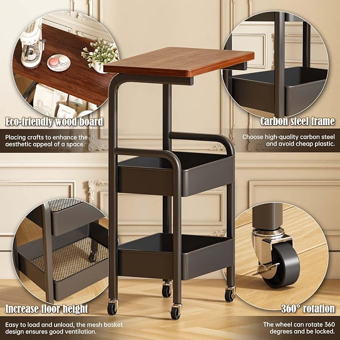 3 Tier Metal Rolling Utility Cart Organizer with Walnut Table Top, Stable and Sturdy Rolling Storage Carts with 2 Lockable Wheels for Kitchen，Bathroom，Snacks，Coffee，Craft，Makeup，Baby Essentials