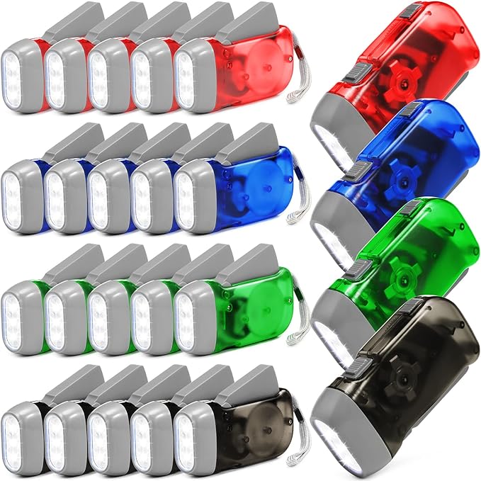 Mudder 24 Pack Hand Crank Flashlight No Battery Emergency Flashlight, Self Powered Portable Light Dynamo Torch for Survival Kit Outdoor Hiking Emergency(Green, Grey, Blue, Red)
