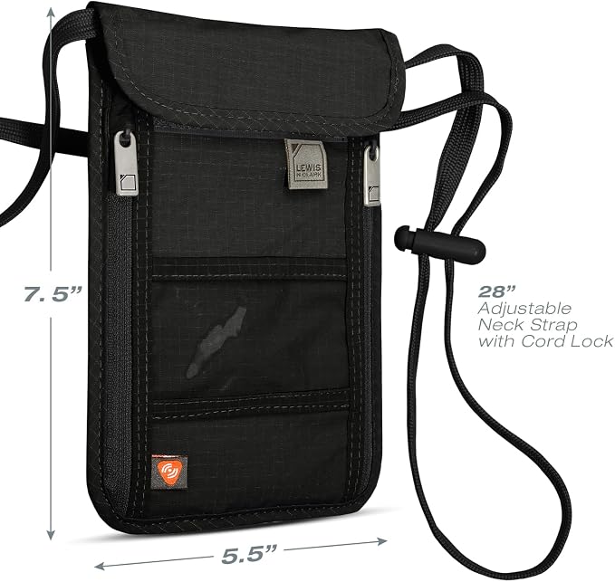 Lewis N. Clark RFID Blocking Stash Neck Wallet, Travel Pouch + Passport Holder for Women & Men, Black