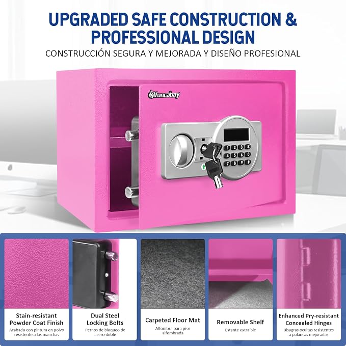 Voncabay Money Safe Box for Home with Digital Keypad, 0.8 Cu. Ft., Pink | Alloy Steel, 2 Fireproof Bags, Digital Keypad with Display, Removable Shelf, Fits A4, 13.8 x 9.85 x 9.85 In.