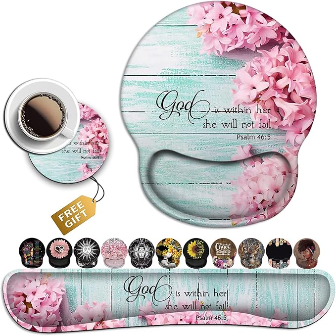 Mouse Pad with Wrist Support, Ergonomic Gel Mouse Pad Beautiful Flowers,Pink Hyacinths on Wood Panel，Non-Slip Durable, Memory Foam Keyboard Wrist Rest, Suitable for Office Typing Games
