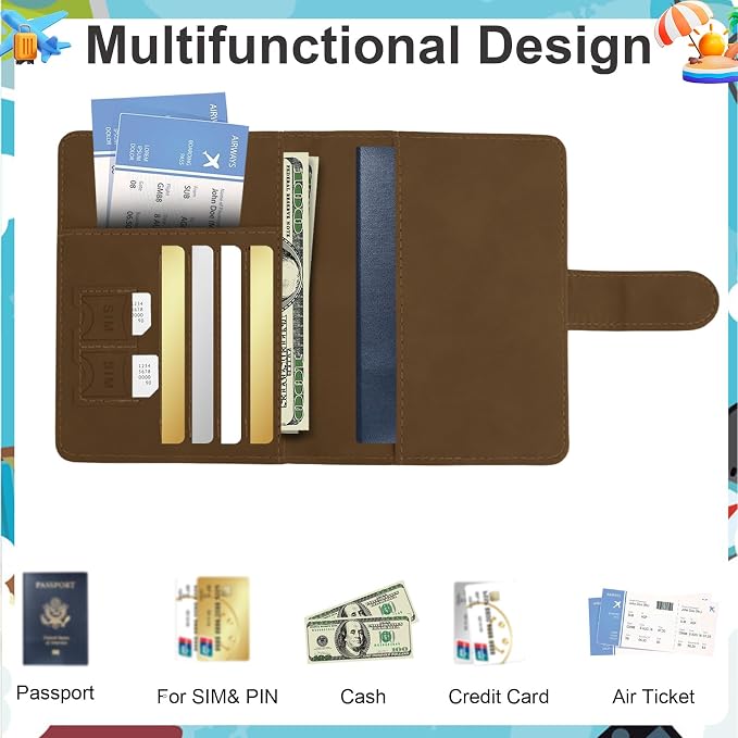 Passport Holder for Travel Essentials, Brown Leather Passport Cover, Passport Wallet Holders for Women Men Family Travel Gifts Must Have Accessories, Credit Card Cash Air Ticket Storage Supplies