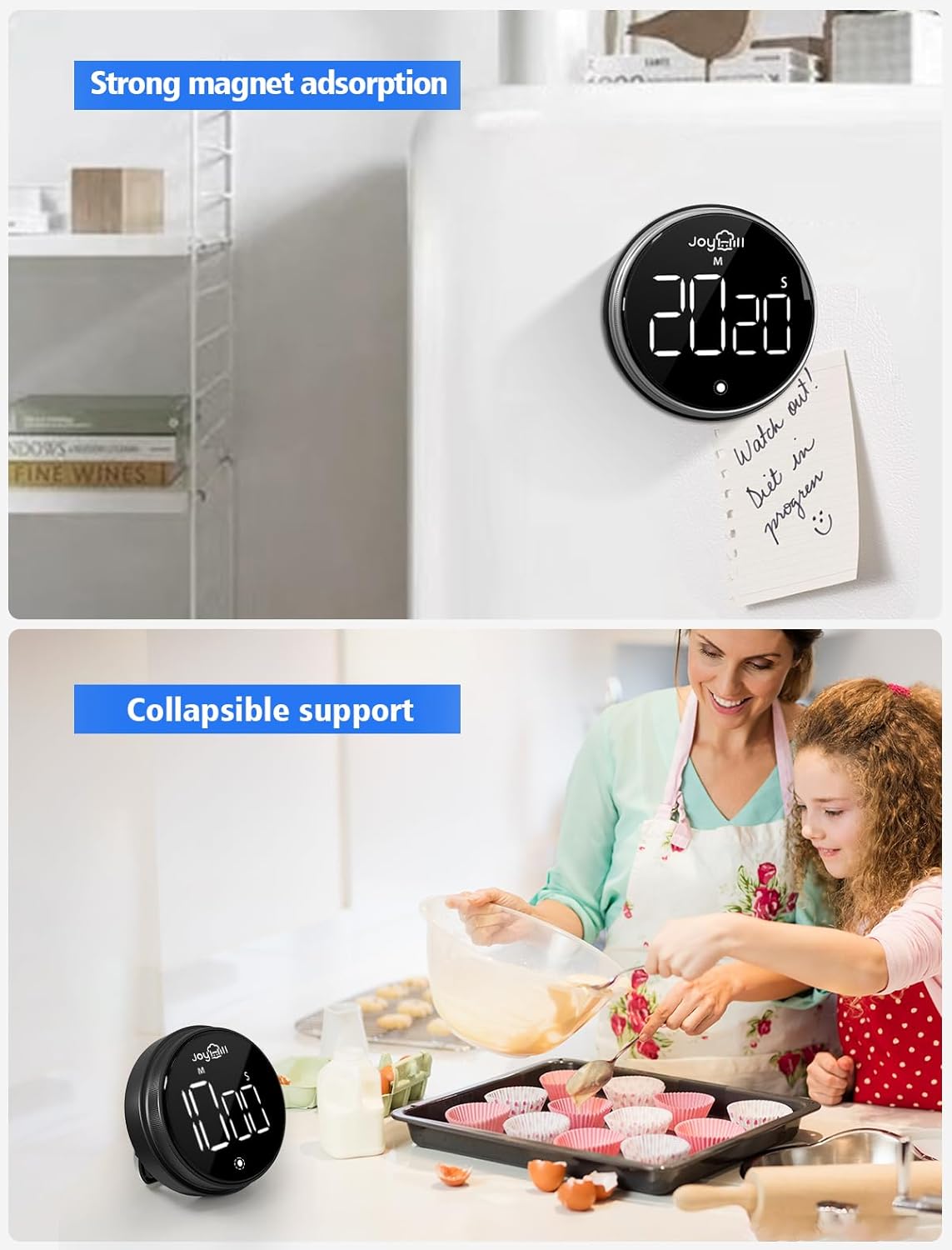 JOYHILL Digital Kitchen Timer, Large LED Display with Magnetic Countdown 3 Volume Levels, Ideal for Cooking Classroom Studying Fitness, Timer for Kids and Seniors, Red 2 Pack