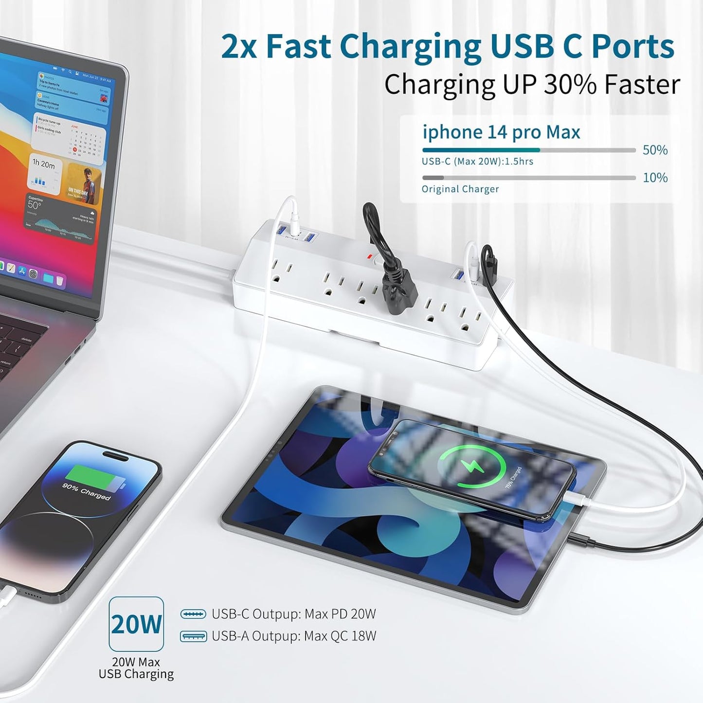 40W Fast Charging Station, Desk Clamp Power Strip, JXGUCAT Removable Desk Clamp Mount Power Strip Surge Protector, 2 USB-C Ports, 6 AC Outlets and 10ft Cord, Fits 1.8" Tabletop Edge