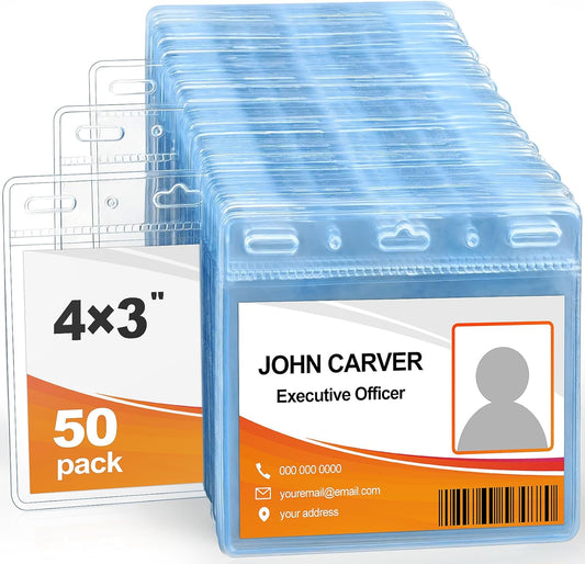 50 Pcs Card Protector ID Name Badge Holder 4 x 3 Inches Clear Plastic Horizontal No Zipper ID Card Holder