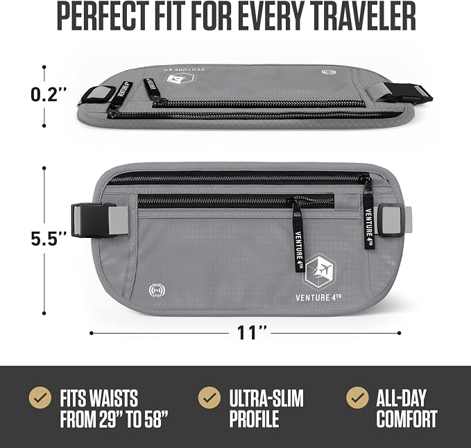 VENTURE 4TH Travel Money Belt, RFID Blocking Passport Holder - Silver