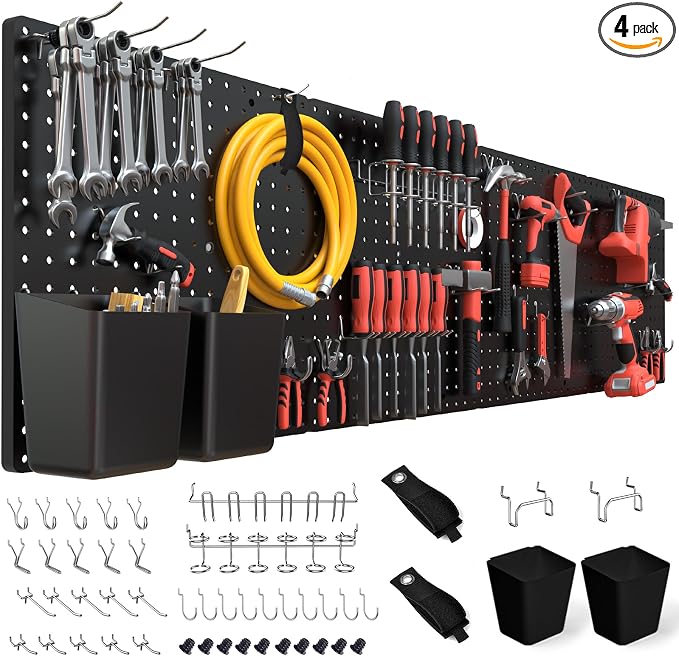 FZK Modular Plastic Peg Board Wall Organizer Kit, 16x16, Black | Features 33 storage accessories, heavy duty 200 pounds capacity, suitable for garage workshop, craft room and office wall