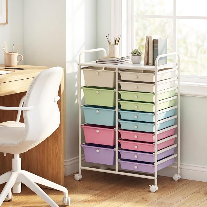 15 Drawer Rolling Storage Cart, Rolling Cart with Drawers for Classroom, Art Supply Craft Organizer on Wheel with Metal Frame & Handles for Home Office School (Ice cream color, 15 Drawer)