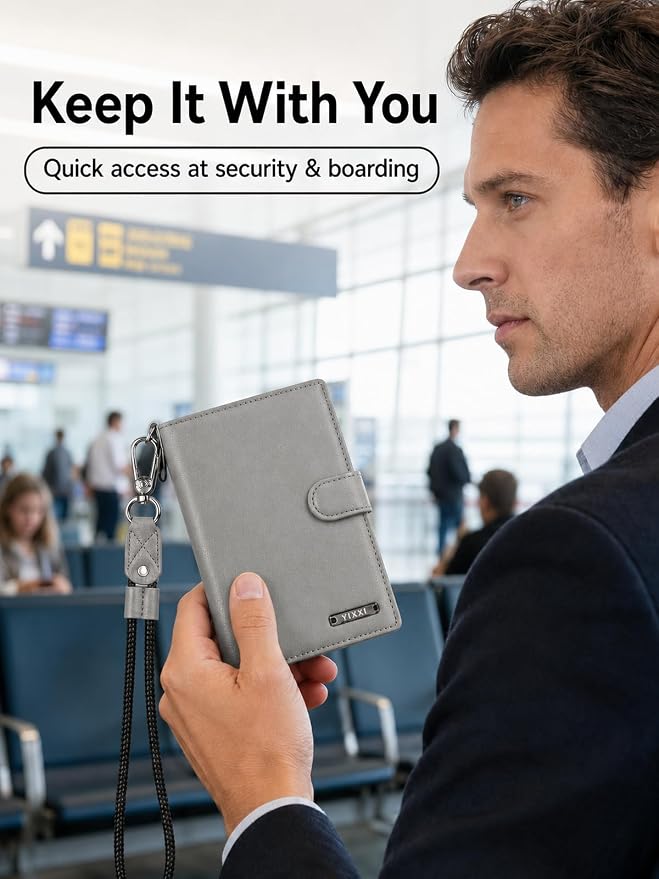 Trackable Passport Holder for Travel, RFID Blocking Wallet, Grey | Rechargeable PU leather cover works with Apple Find My and is Apple MFi certified; it includes card storage and a lanyard.