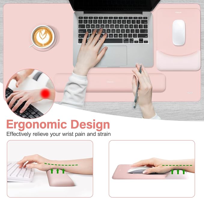 MOSISO Keyboard Mouse Pad Set, Large Gaming Mouse Pad&Keyboard Wrist Rest | Rectangular Mousepad with Wrist Rest&Coaster, Ergonomic Non-Slip&Easy Typing Pad with Curved Silicone Lining, Baby Pink