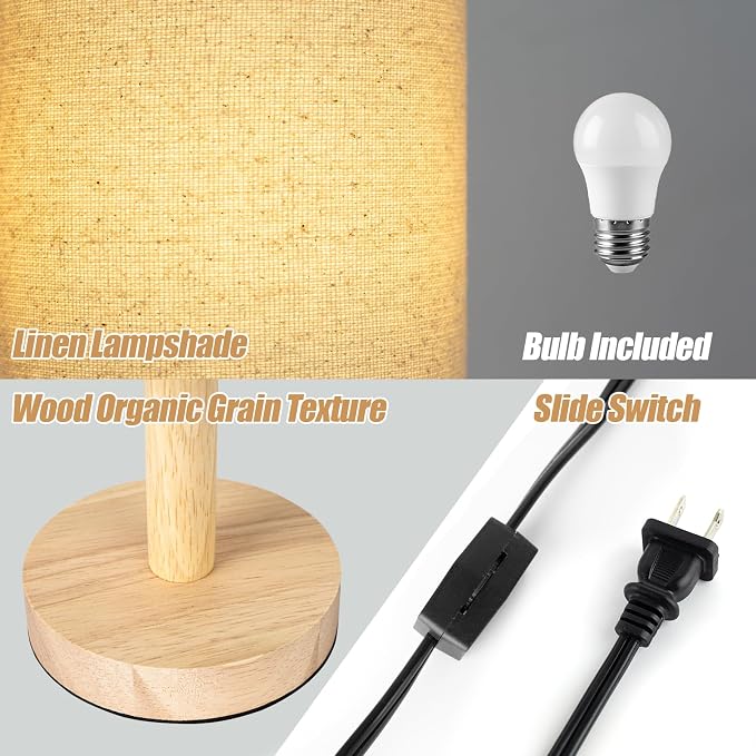 LALISU Small Table Lamp for Bedroom, Nightstand Lamp Linen Lampshade Bedroom Wood Base Small Bedside Lamp for Night Stands, Desk Lamps for Reading Living Room, Office (LED Bulb Included) (Wood Base)