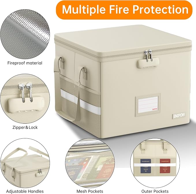 ENGPOW 5200°F File Box Fireproof Document Box with Lock,Heat Insulated Collapsible File Storage Organizer Box with Handle,Portable Home Office File Cabinet for Hanging Letter/Legal Size Folder, Beige