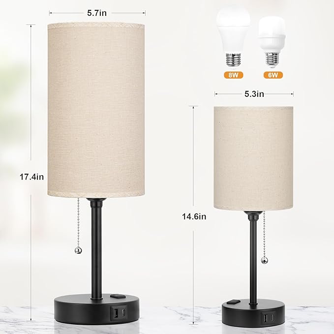 17in Bedside Table Lamp for Bedroom, Desk Lamp with USB Ports for Dorm | USB A+C Ports, AC Outlet, 3 Color Temperatures, LED Bulb Included, Linen-Fabric Shade, Matte Black Base, 14" Night Stand Lamp