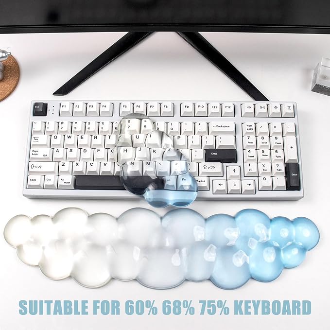 Ergonomic Gel Cloud Keyboard and Mouse Wrist Rest Set – Clear Wrist Rest for Computer Keyboard 60%/68%/75%, Comfort & Support for Typing and Gaming (White Blue)