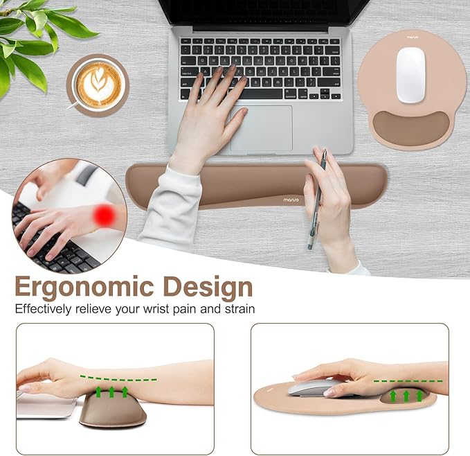 MOSISO Wrist Rest Support for Mouse Pad&Keyboard Set, Mocha | Streamline Ergonomic Mousepad&Coaster Non-Slip Base Home/Office Pain Relief&Easy Typing Pad with Soft Cloth&Silicone Lining