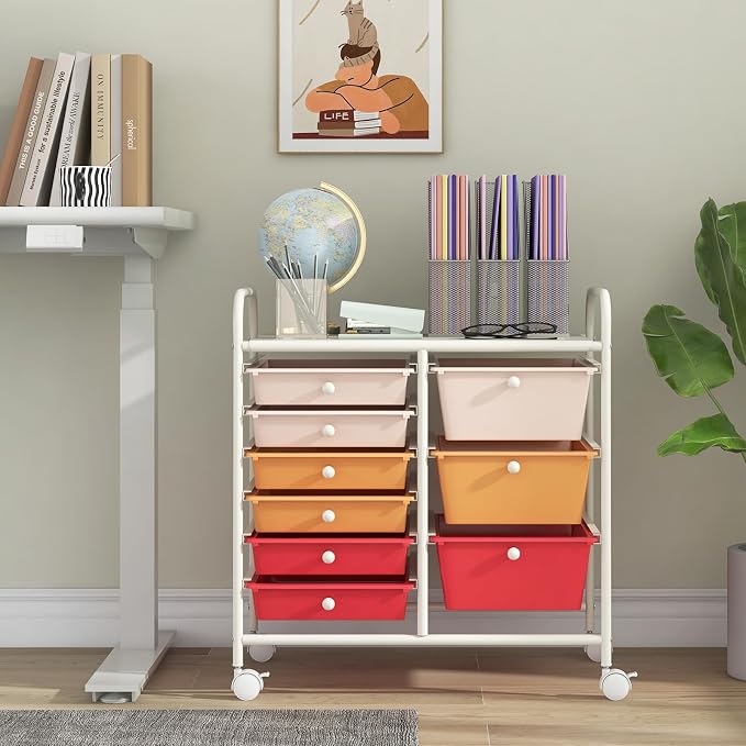 COSTWAY Rolling Storage Cart with 9 Drawer, Utility Cart with Metal Frame | Mobile Art Supply Craft Organizer, Multipurpose Storage Organizer for Paper, Office, School Teacher, Classroom, Macaron
