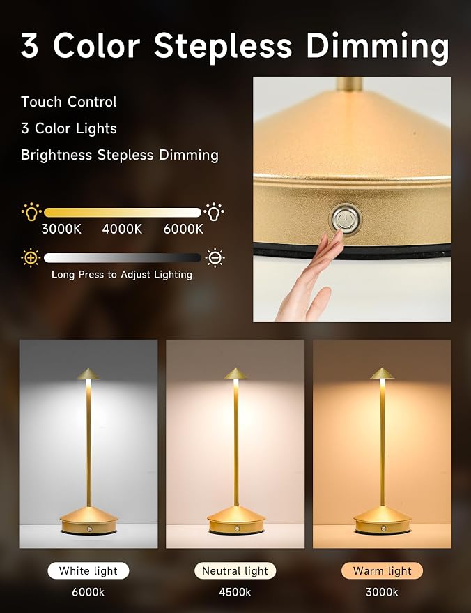 LED Rechargeable Cordless Table Lamps Gold | 2 Pcs Portable Modern USB Battery Operated Lights,Waterproof Touch Dimmable Desk Lamp,for Patio,Restaurant,Bar,Dining Home