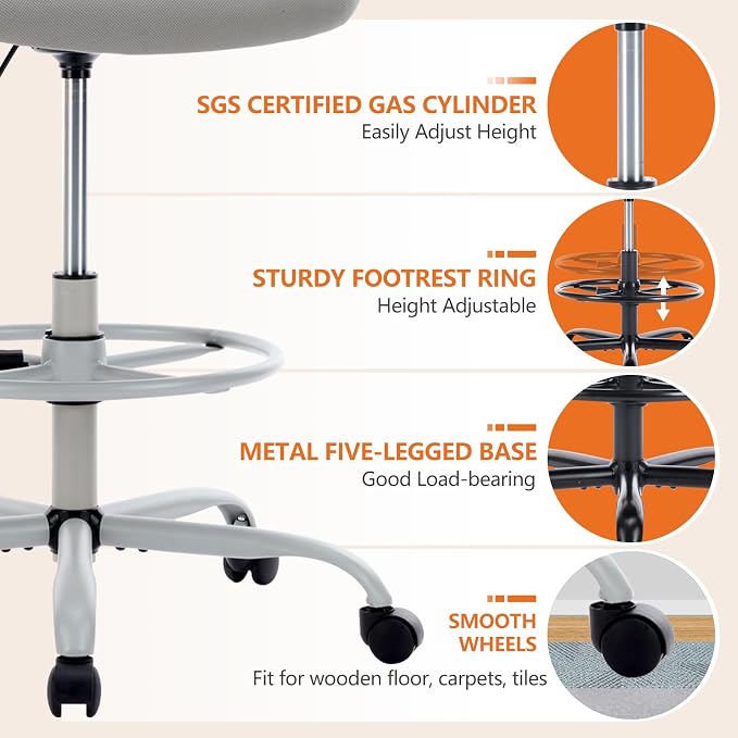Sweetcrispy Tall Drafting Office Desk Chair - Ergonomic High Stool Computer Chair with Adjustable Height and Comfy Lumbar Support, Rolling Counter Height with Flip-up Arm and Footrest, Grey