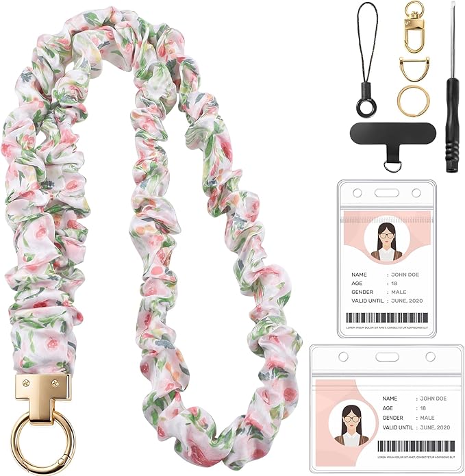 Prudiut Scrunchie Lanyard for ID Badges, Retractable Teacher Lanyards Stretchy Scrunchie Lanyard with ID Holder for Women (Bloom)