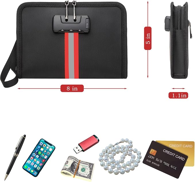 Fireproof Money Bag with Lock - 3600°F Fireproof & Waterproof Money Bag for Cash, 8"x5"x1.1" Password Lock Organizer Pouch for Valuables, Passports, Credit Cards, Home & Travel Security