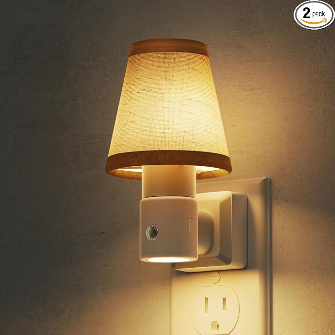 L LOHAS LED Night Lights Plug into Wall, Plug in Night Light Dimmable, Soft Warm Nightlight with Light Sensor, Rotatable Base, Vintage Linen Fabric Nightlights Plug in Wall for Bathroom Kitchen 2Pack