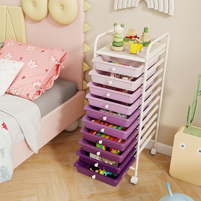 GLACER 10 Drawers Rolling Cart, Storage Cart with w/Removable Drawers & Steel Frame, Utility Mobile Trolley w/Universal Casters & 2 Brakes, Organizer Cart for Home, Office (Purple Gradient)