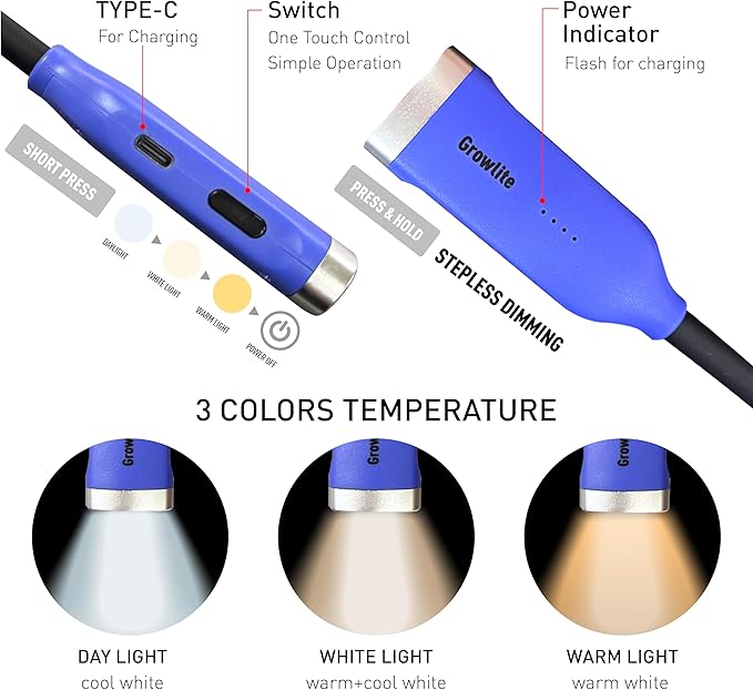Neck Reading Light, 3 Color & Brightness Adjustable Book Light for Reading in Bed, Hands-Free, Lightweight, USB C Rechargeable, Eye-Caring, Perfect for Crafts, Camping, Kids & Adults (blue)