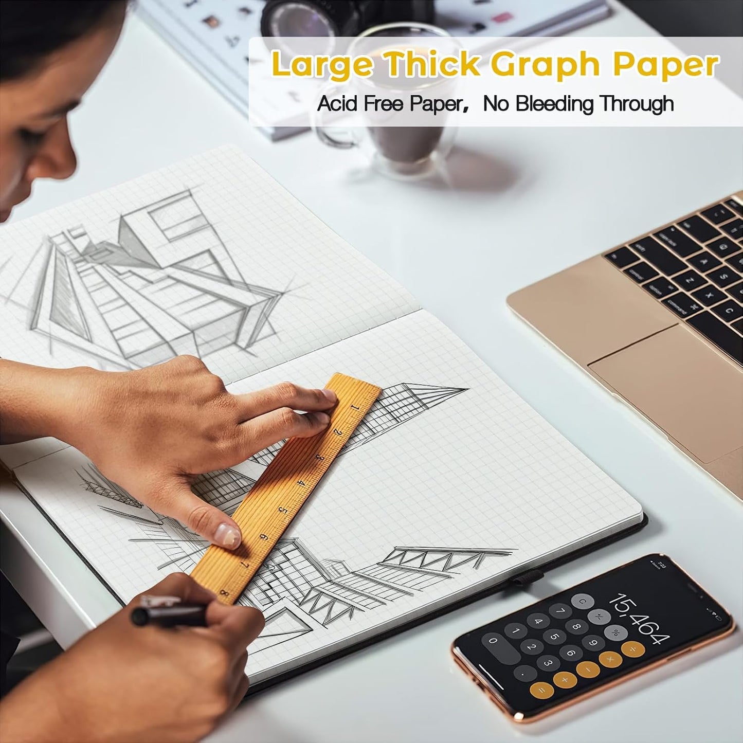Graph Paper Notebook, Hardcover Notebook 8.5 x 11, Grid Notebook Journal for Women, Men, Large Leather Journals for Writing, Thick Paper, A4 Notebooks for Work, School Supplies, Engineering Yellow