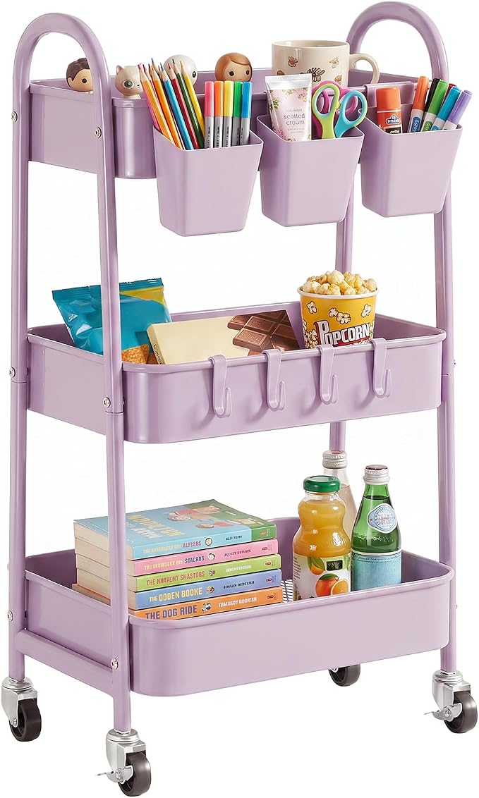 3-Tier Rolling Cart, Utility Cart Mobile Metal Rolling Storage Cart with Lockable Wheels & Hanging Cups & Hooks for Kitchen, Bathroom, Office, Workshop, Purple