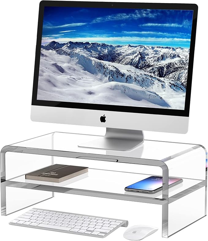 Egchi Acrylic Monitor Stand, 2 Tiers Clear Monitor Riser Computer Stand for Office, Home, Office, 5.12 Inches Hight PC Desk Stand for Keyboard Storage, Premium Platform for Laptop Printer TV Screen | for Office, Home, Office, PC Desk Stand for Keyboard...