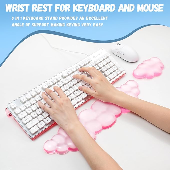 Pink Acrylic Ergonomic Keyboard Stand with Silicone Wrist Rest | for Desktop Clear Keyboard Holder with Soft Wrist Support, Aesthetic Desk Accessories for Office, Gaming & Home