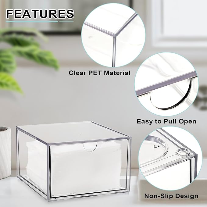 Sumnacon 2 Pack Disposable Face Towel Holder for Bathroom Vanity, Clear Plastic Facial Towels Holder Container with Drawer Storage, Face Towels Case Organizer Compatible with Clean Skin Cluub Towel