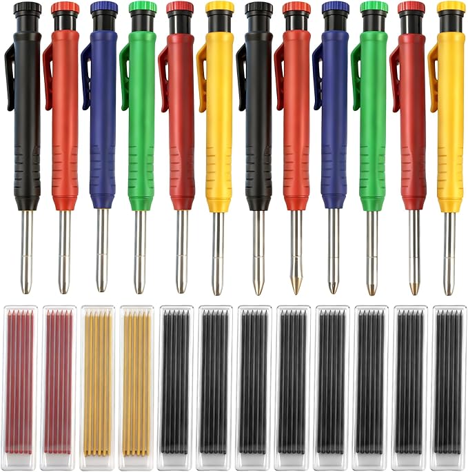 12 Pcs Solid Carpenter Pencils with Built in Sharpener Long Nosed Deep Hole Mechanical Pencil Marker Construction with 72 Pcs 2.8mm Refills for Drafting Architect Tool Woodworking