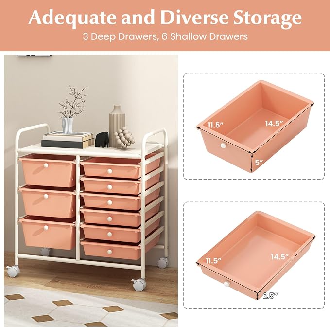 RELAX4LIFE 9 Drawer Rolling Storage Cart - Mobile Drawer Carts for Craft Art Supply Paper Salon, Utility Cart on Wheels for Classroom Teacher School Office, Rolling Cart with Drawers (Pink)