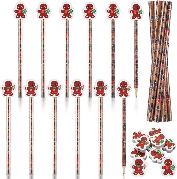32 Pcs Gingerbread Pencils with Erasers, 16 Christmas Gingerbread Pencils Bulk 16 Erasers Winter Christmas Stationery Supplies for Classrooms Exchange Reward Prizes Home Office School Supplies