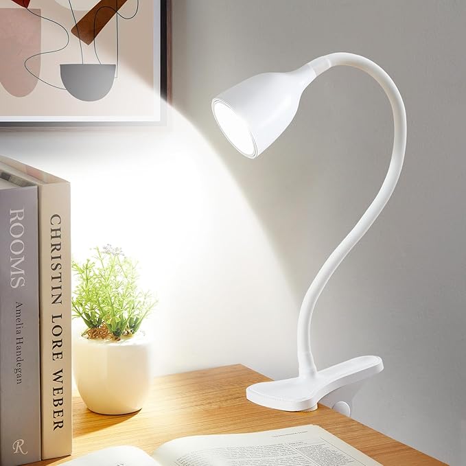 EJIAXIN Desk Lamp for Home Office - Clip on Reading Light and Bed Headboard Clamp Lamp, Bedside Gooseneck Table Lamp, Clip on Desk Lamps, Eye-Caring Desk Lamp for College Dorm Room Study Lamp, White
