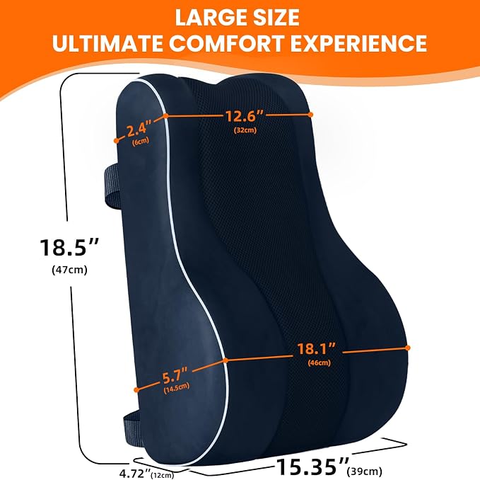 CloudBliss XL Lumbar Support Pillow, Memory Foam for Office Chair, Blue | Ergonomic High-Density Memory Foam, Adjustable Straps, Washable Mesh Cover, Lower Back Support for Office, Gaming & Car Seat