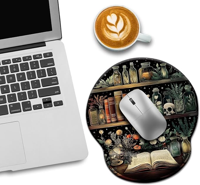 LIMKRIAN Goth Book Mouse Pad with Wrist Rest, Laptop Mousepad, 9.8 x 8.6in | Ergonomic Wrist Support, Non-Slip PU Base, Pain Relief, Mouse Pads for Desk, Gothic Skull Office Home Desk Accessories Decor