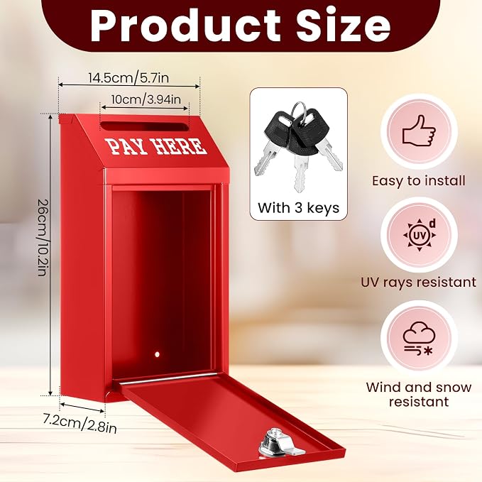 Yaocom Safe Metal Cash Box for Farm Stand – Money Drop and Secure Donation Collection, Wall Mount Lockable Unit with Pre Drilled Holes for Outdoor Self Serve(Red,10.2 x 5.7 x 2.8 Inch)
