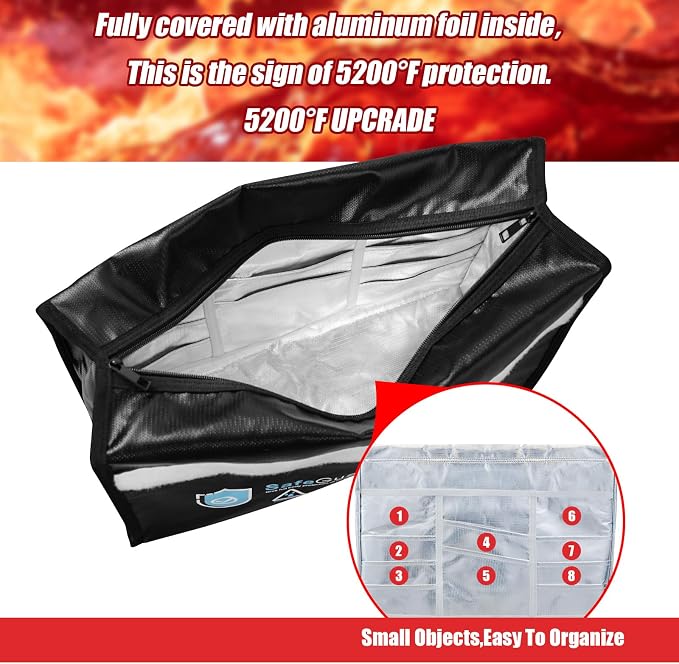 Fireproof Document Bag - Large (17" x 12" x 5.7") Fireproof Waterproof Document Bag,Legal Size Documents and Valuables, Heavy Duty Lightweight Briefcase for Home or Office(Black）