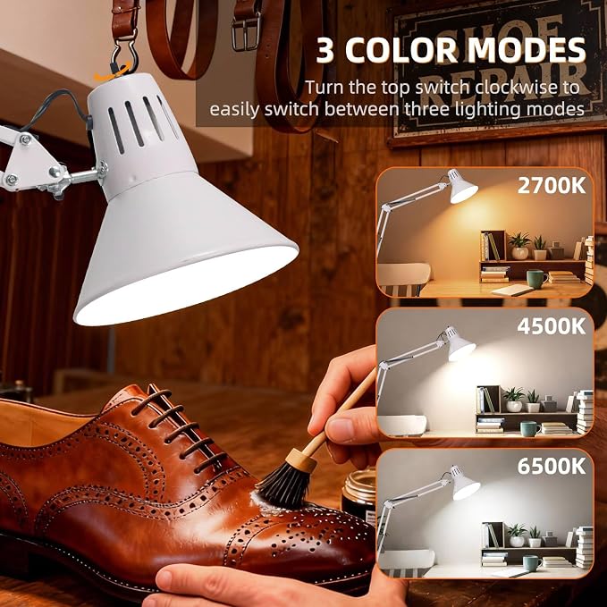 White Dimmable Desk Lamp with Clamp, Extra-Tall Adjustable Swing Arm | Manicurist Table Lamp for Nail Work, Drafting, Sewing, Crafting, Home Office, 3 Color Temperatures, A19 Bulb Included