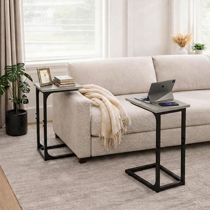TEMI C Shaped End Table for Couch, Set of 2 Small Side Table for Sofa, TV Tray for Eating or Laptop, Accent Desk for Chair, Space Saving for Living Room Bedroom, Greige