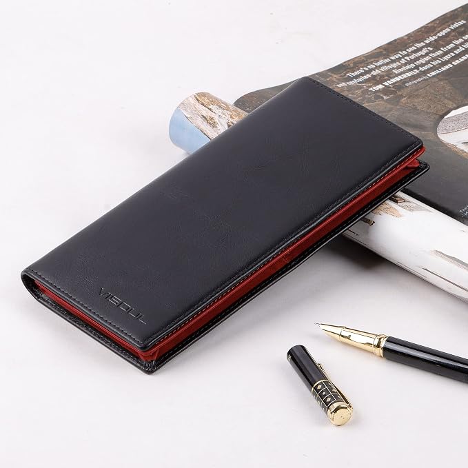 VISOUL Leather Checkbook Cover Wallet for Men with RFID Blocking, Mens Long Bifold Cash Tall Wallet with 11 Credit Card Slots 1 ID Window (Black and Burgundy)