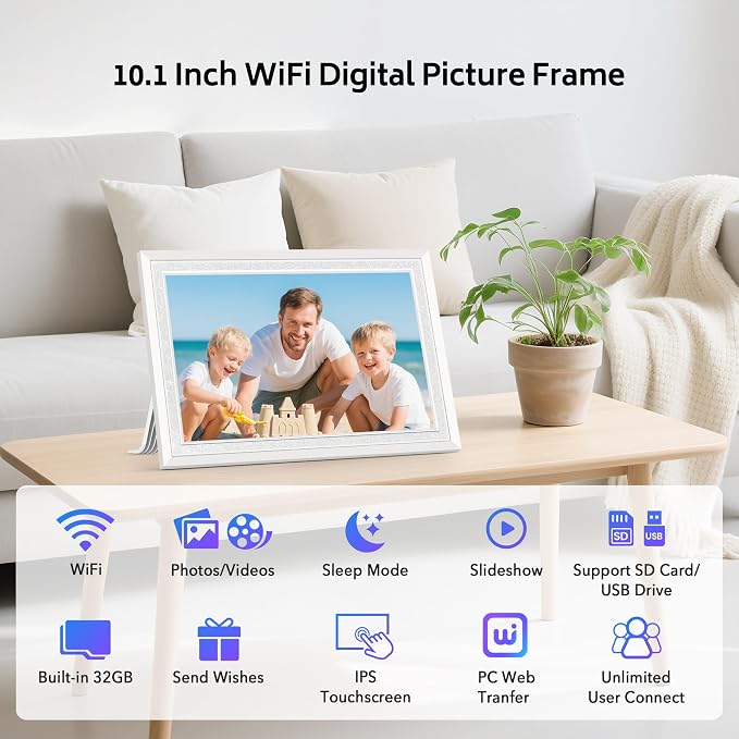 Uhale 10.1 Inch Digital Picture Frame 32GB Momery White WiFi Electronic Photo Frame IPS HD Touch Screen Display Share Photos/Videos Instantly Anywhere Gifts for Mom Dad Grandparents