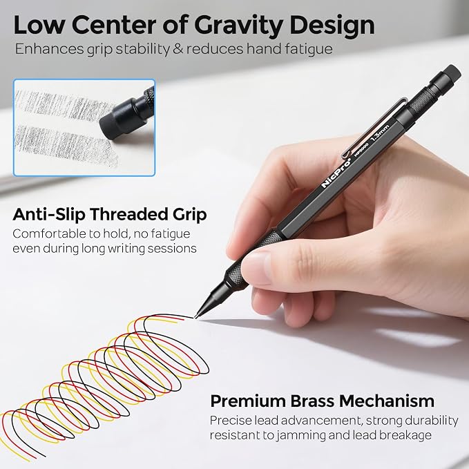 Nicpro 3 PCS 1.3 mm Mechanical Pencils Set with 48 Lead Refill, 3 Eraser | MP2000 Black Weatherproof Metal Barrel, Heavy Duty Carpenter Pencil for Outdoor Construction Marking Drafting and Drawing